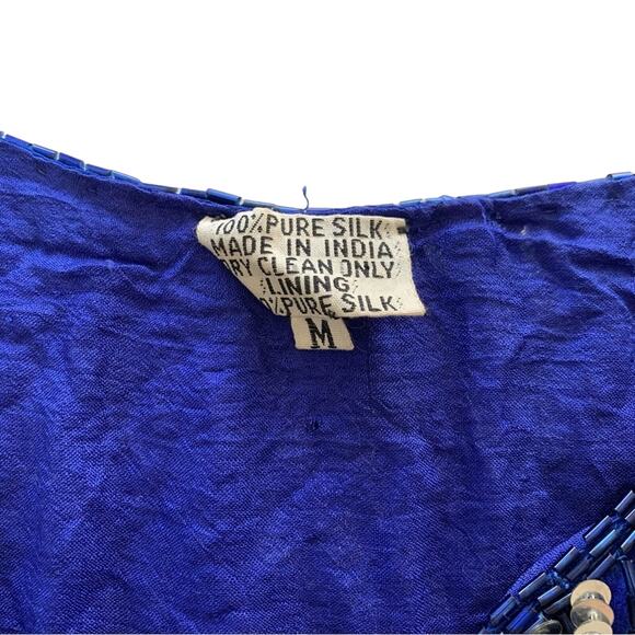Vintage Royal Blue Pure Silk Beaded Pearl & Silver Sequins V-Neck Retro Blouse - Picture 3 of 10